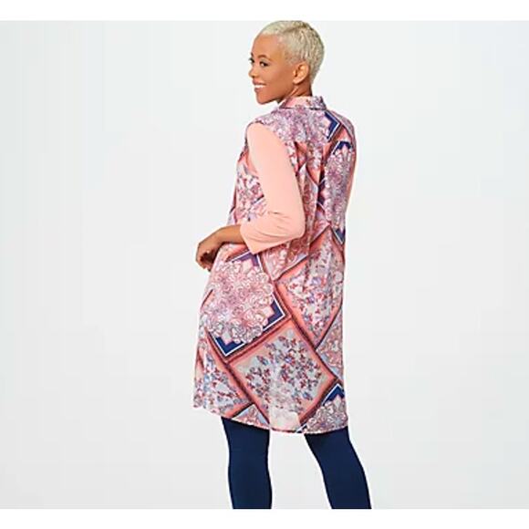 Susan Graver Medium Topper Shirt Tunic Top Vest Chiffon Peach Fuzz Printed Patch - Picture 2 of 13